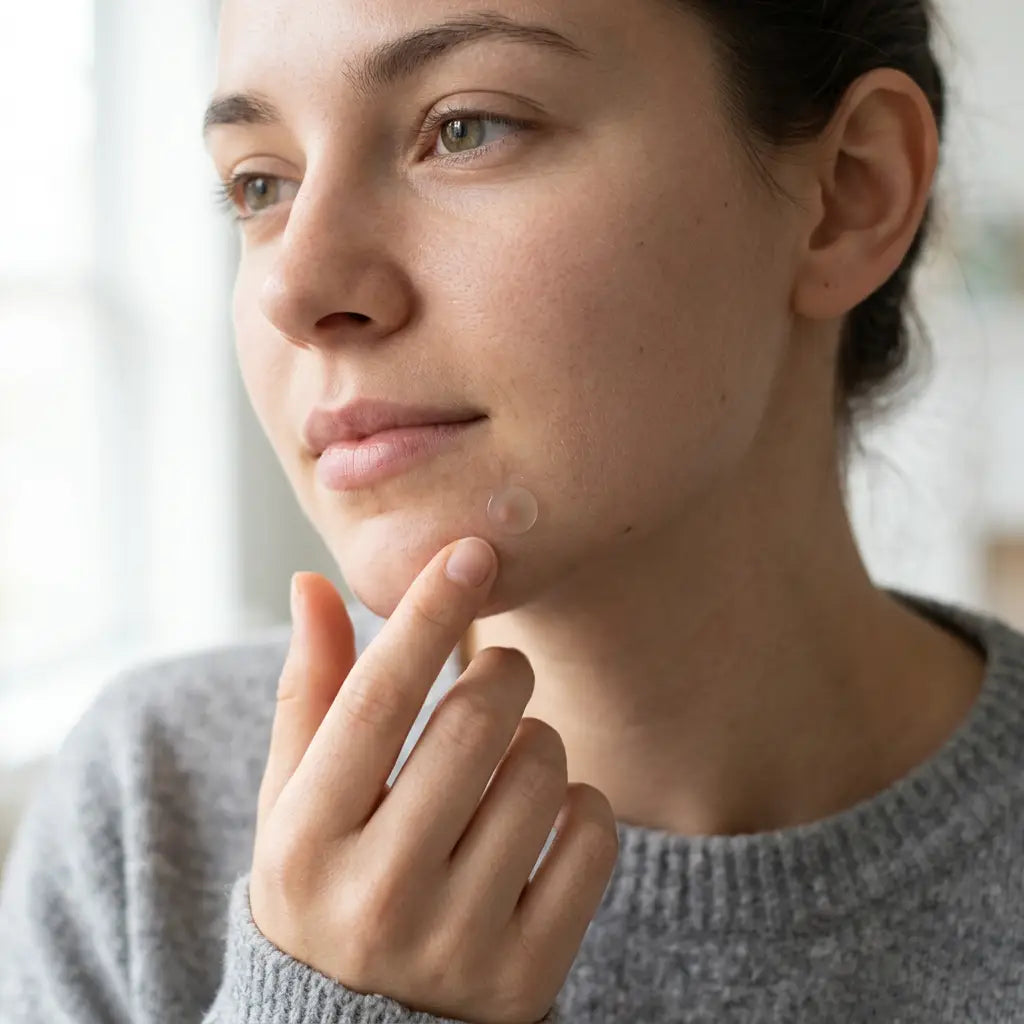 A person pressing a small hydrocolloid patch onto a blemish on the chin.