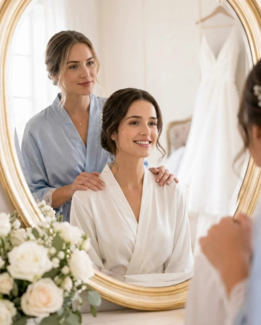 A nearly invisible sheer dot on the bride’s cheek in the bridal suite.