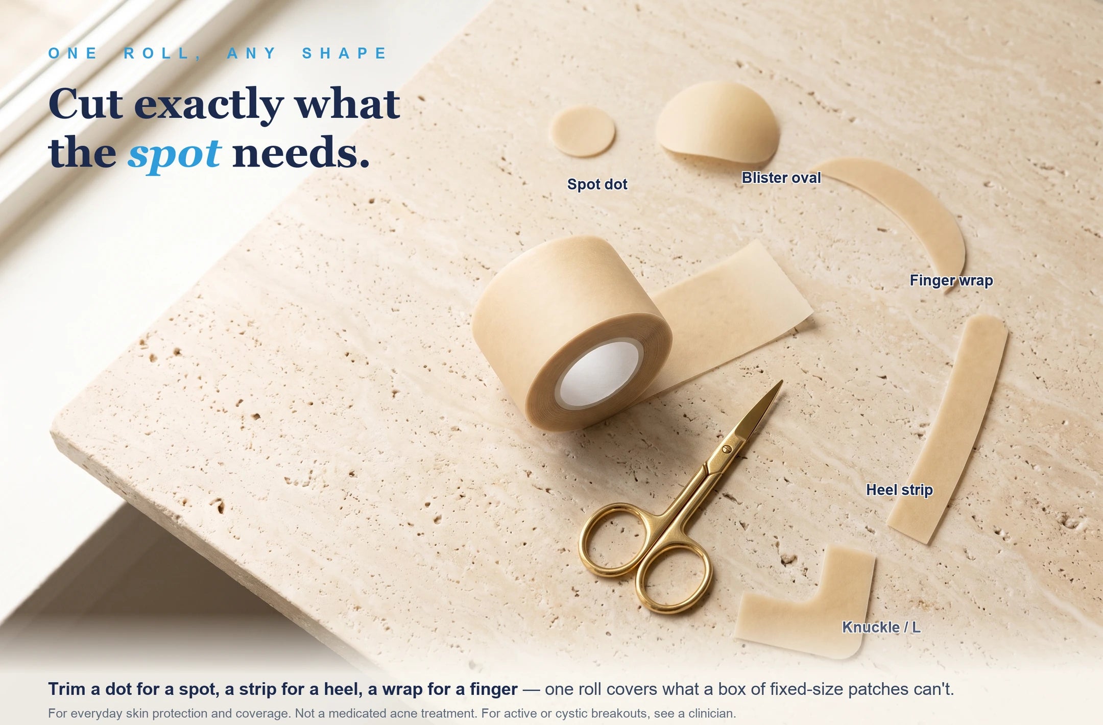 One roll, any shape, cut a dot, strip, finger wrap, or oval for the exact spot.
