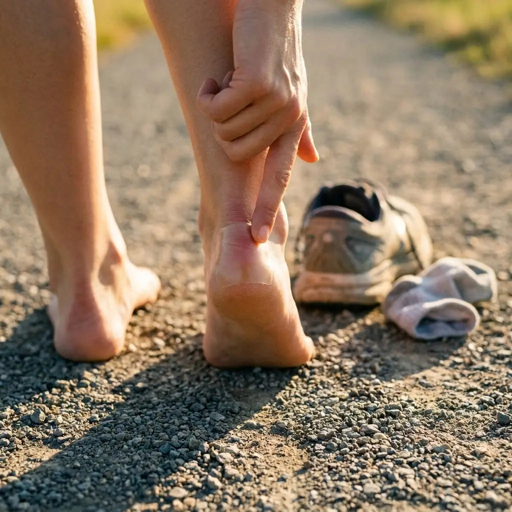 A runner pressing a hydrocolloid patch onto a heel friction spot.