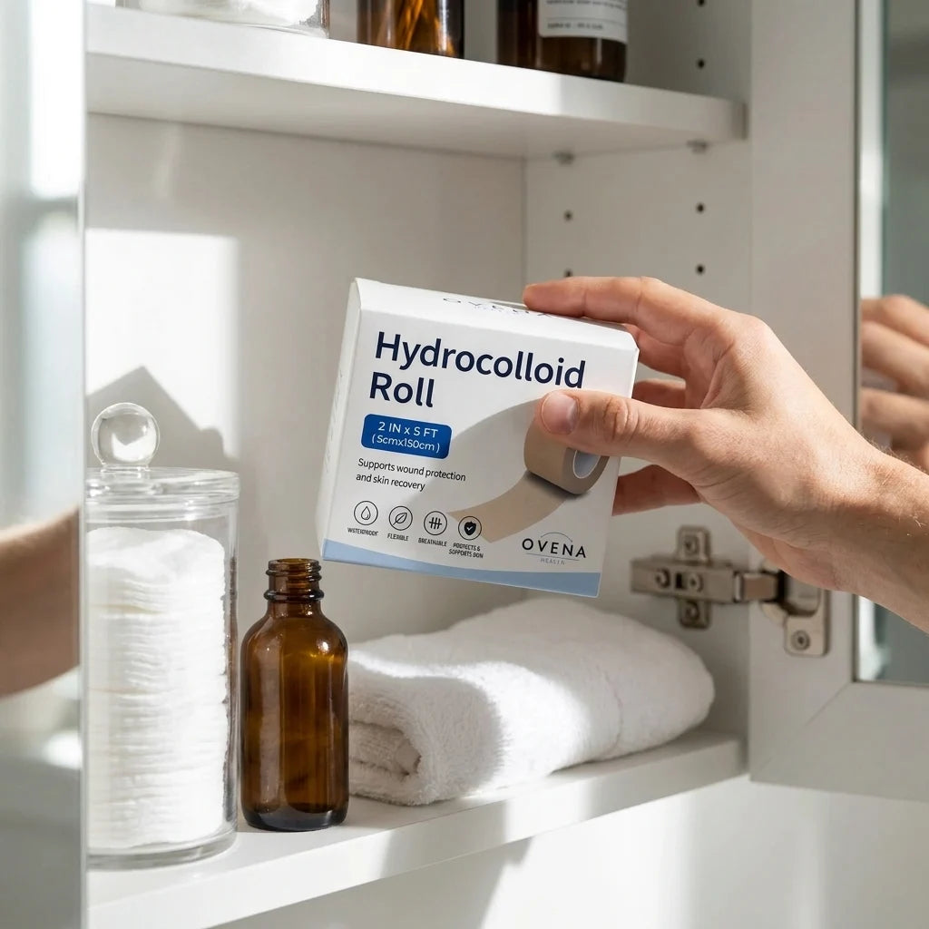 A hand taking the Ovena Hydrocolloid Roll box from its spot on a tidy medicine cabinet shelf.