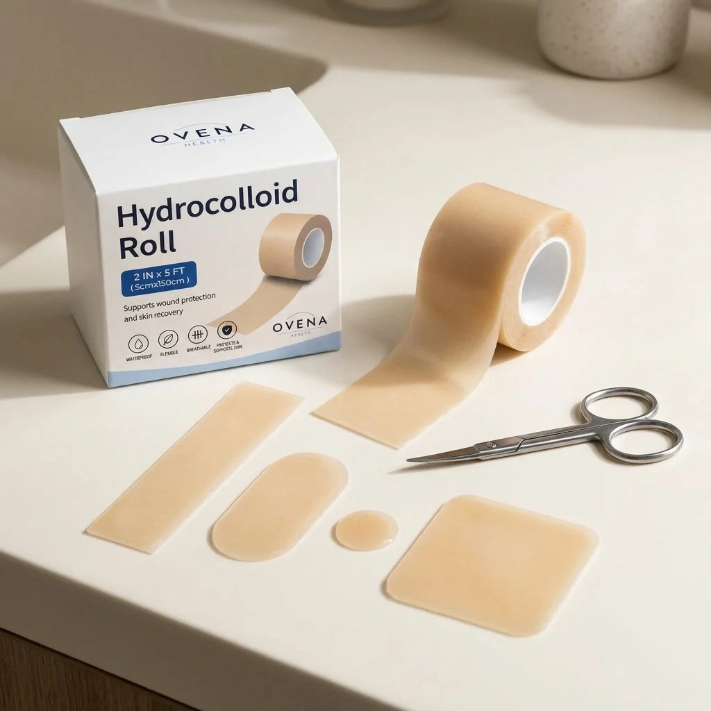 Several different cut shapes from one hydrocolloid roll laid out.